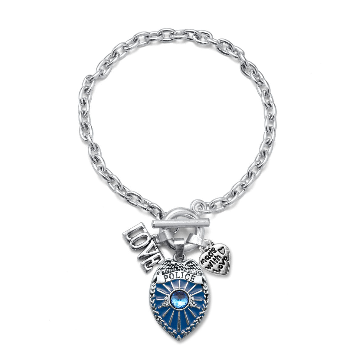 Silver Love Blue Police Badge Charm Toggle Bracelet