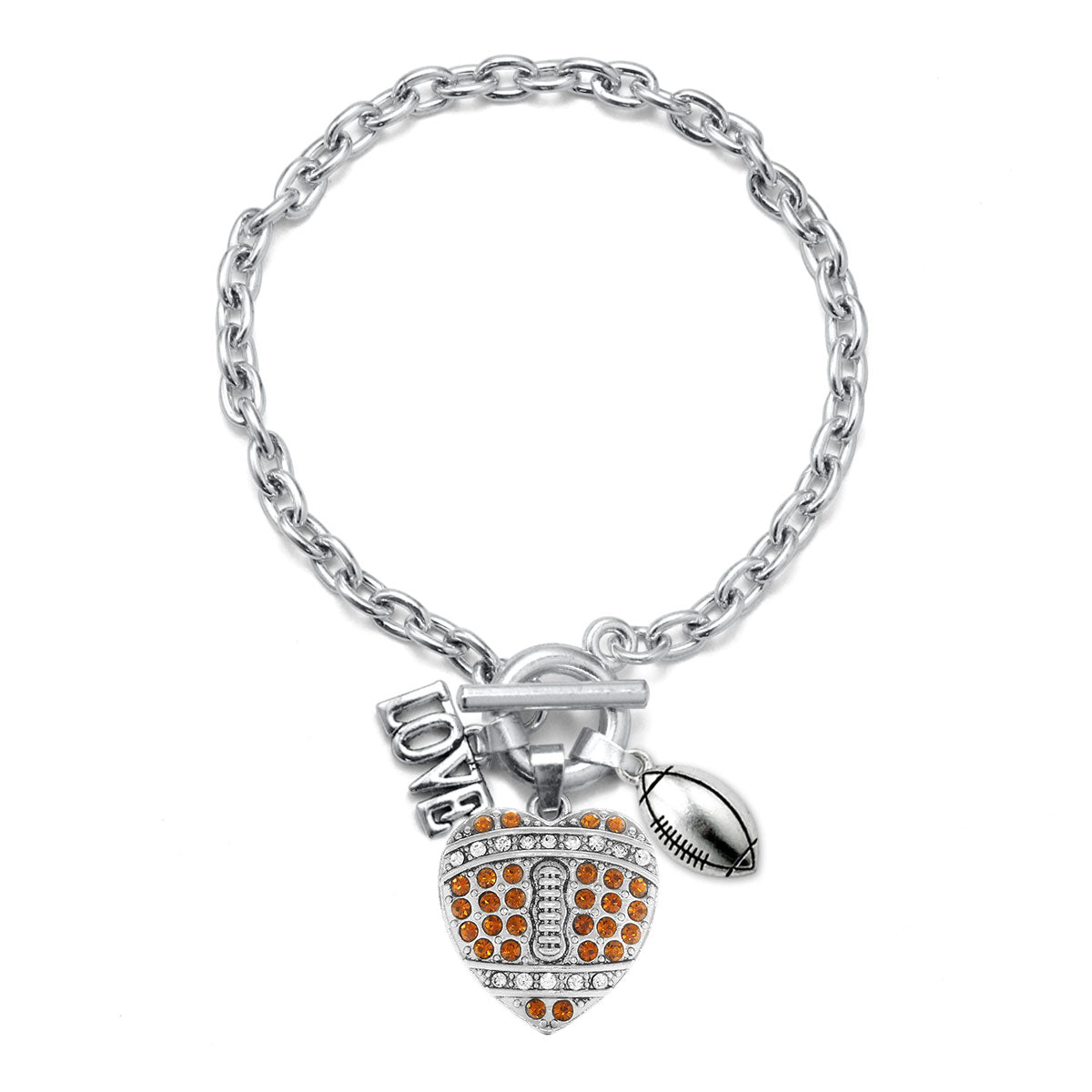 Silver Love Football Heart Charm Toggle Bracelet