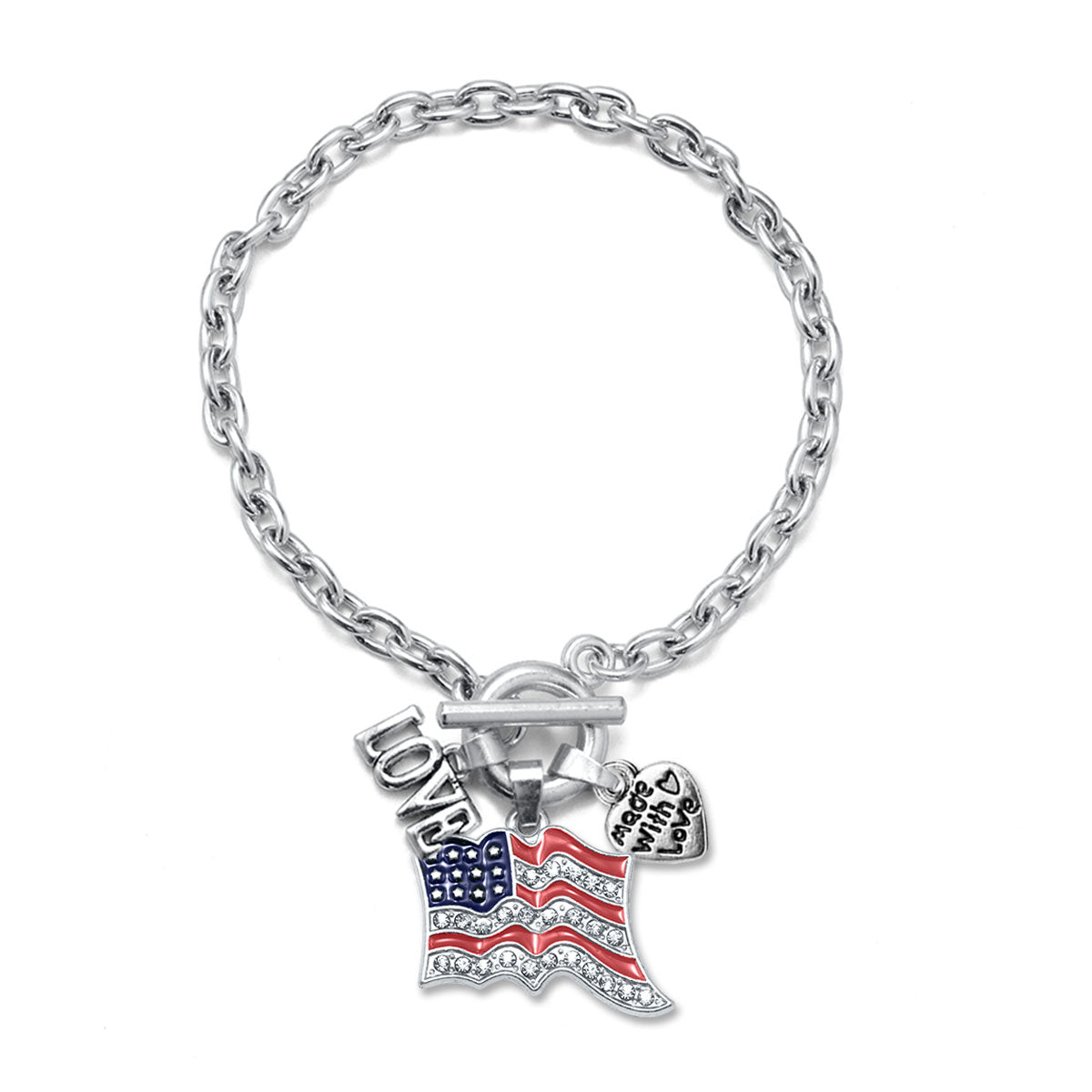 Silver Love American Flag Charm Toggle Bracelet