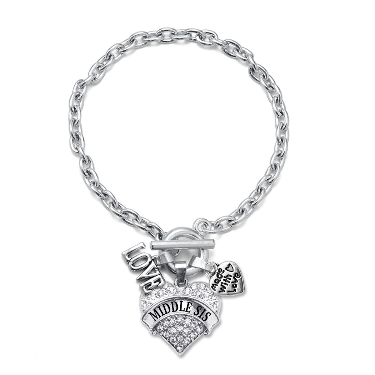 Silver Love Middle Sis Pave Heart Charm Toggle Bracelet
