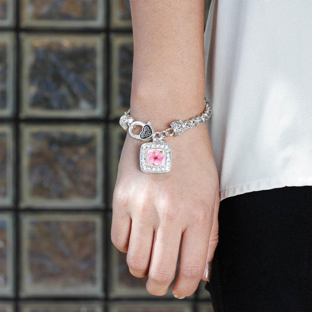 Silver Hibiscus Flower Square Charm Braided Bracelet