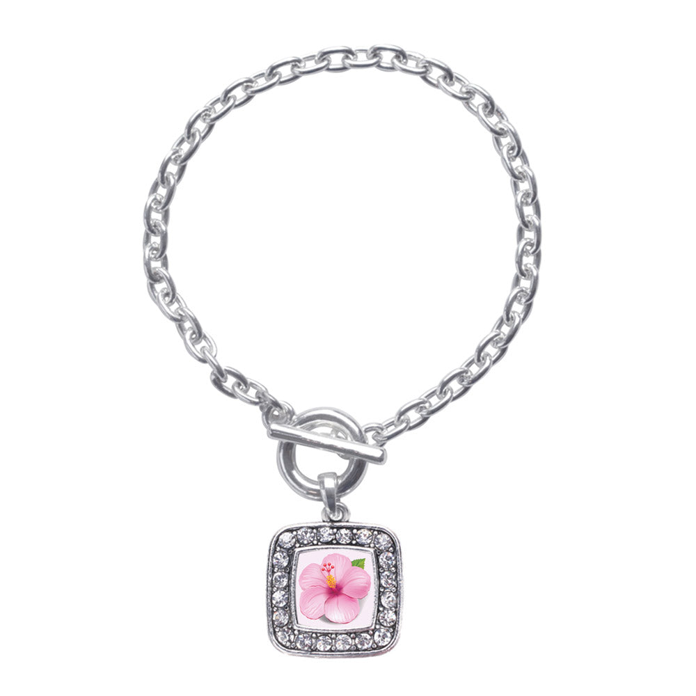 Silver Hibiscus Flower Square Charm Toggle Bracelet