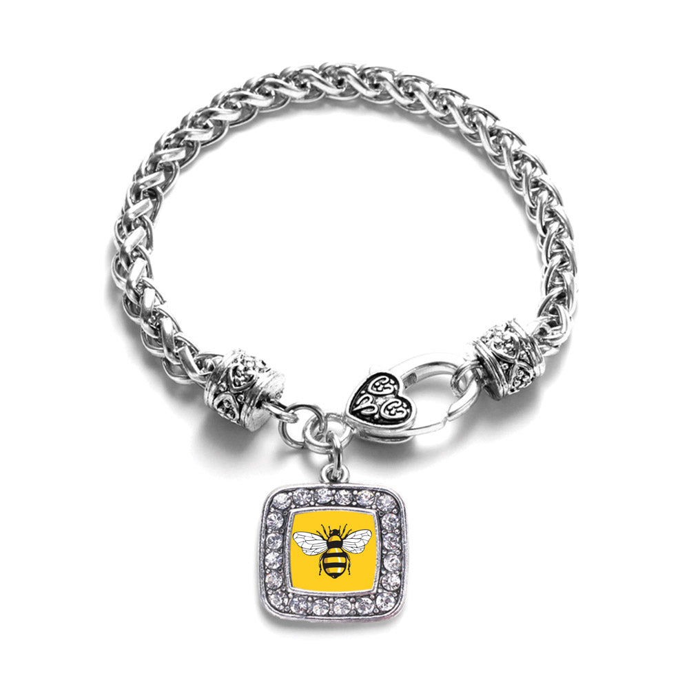 Silver Buzzing Bee Square Charm Braided Bracelet