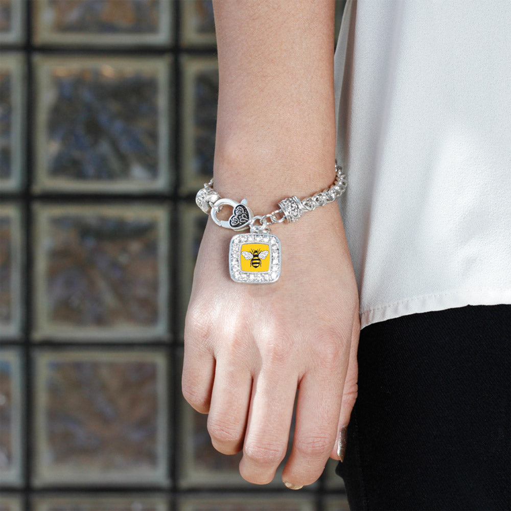 Silver Buzzing Bee Square Charm Braided Bracelet