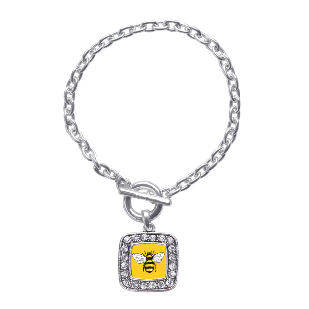 Silver Buzzing Bee Square Charm Toggle Bracelet