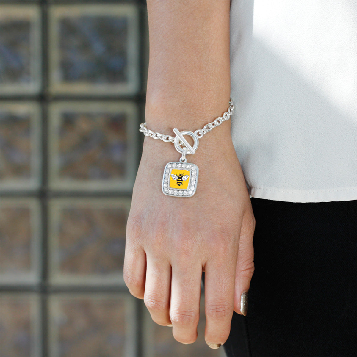 Silver Buzzing Bee Square Charm Toggle Bracelet