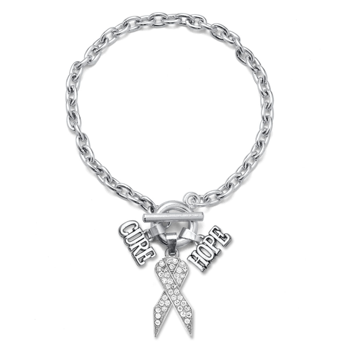 Silver Hope Clear Awareness Ribbon Charm Toggle Bracelet