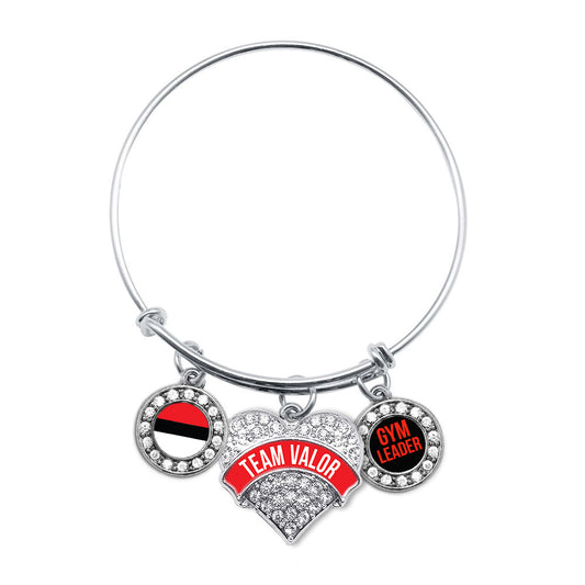 Silver Team Valor - Trainer Pave Heart Charm Wire Bangle Bracelet