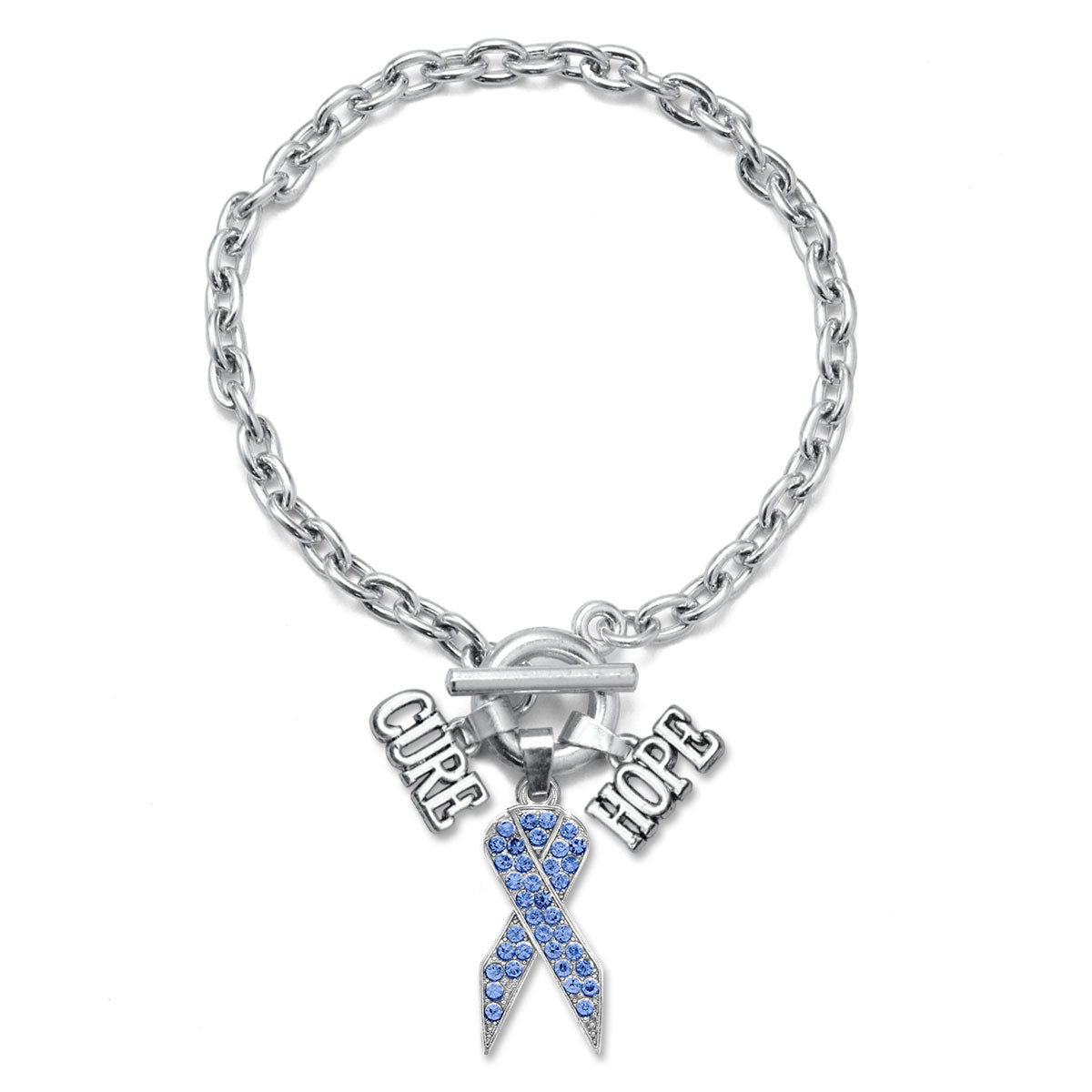 Silver Hope Blue Awareness Ribbon Charm Toggle Bracelet