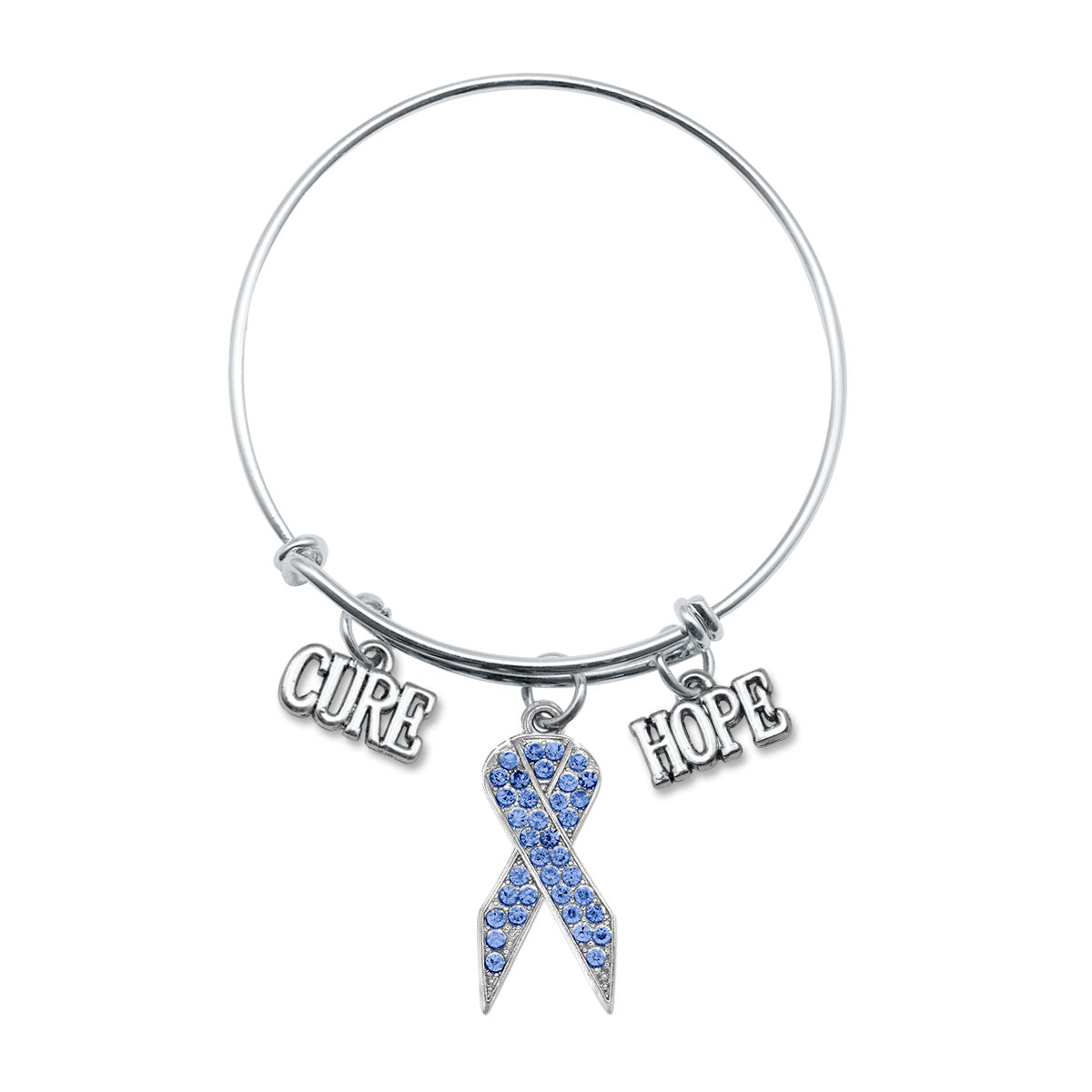 Silver Hope Blue Awareness Ribbon Charm Wire Bangle Bracelet