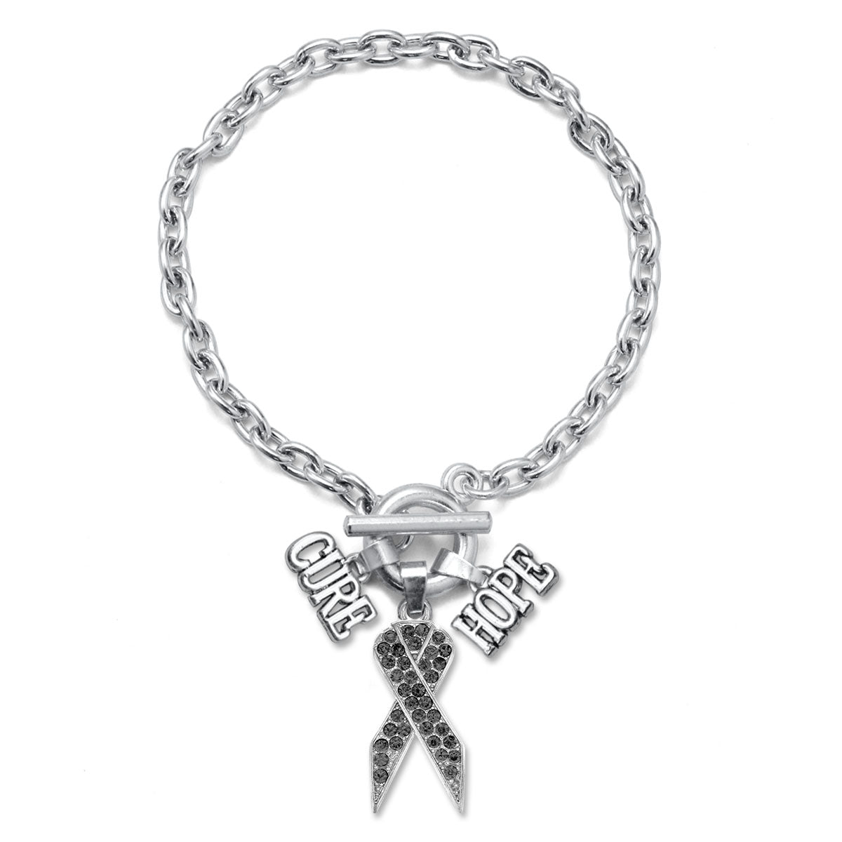 Silver Hope Black Awareness Ribbon Charm Toggle Bracelet