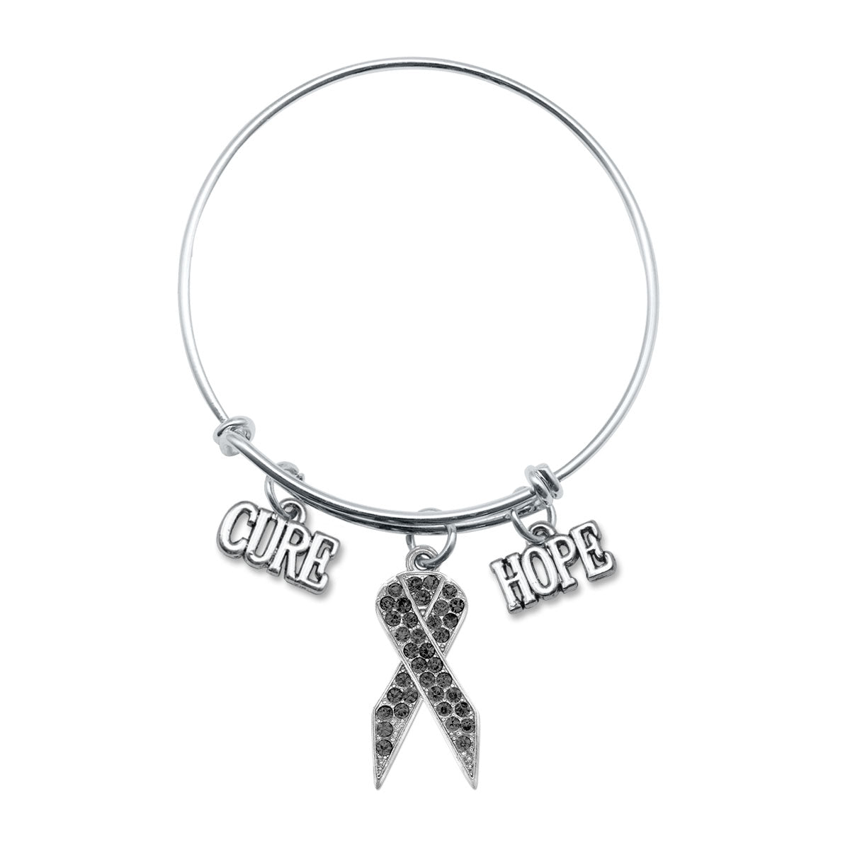 Silver Hope Black Awareness Ribbon Charm Wire Bangle Bracelet