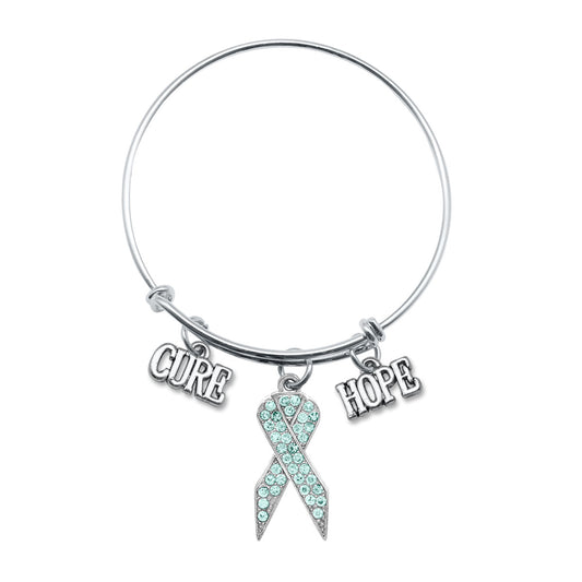 Silver Hope Aqua Awareness Ribbon Charm Wire Bangle Bracelet