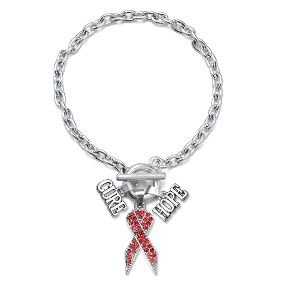 Silver Hope Red Awareness Ribbon Charm Toggle Bracelet