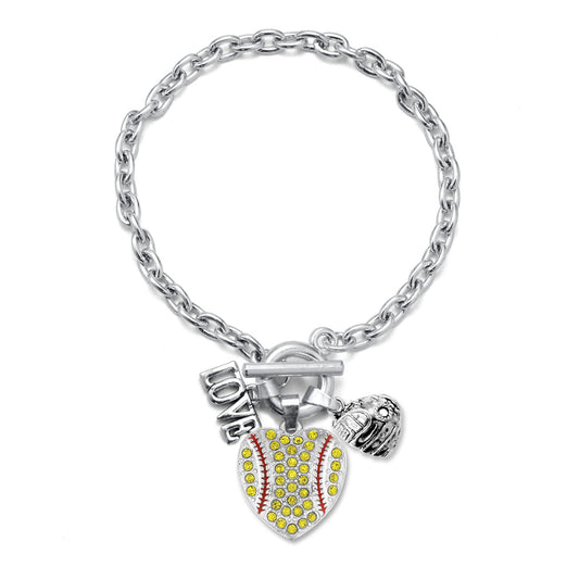 Silver Love Softball Heart Glove Charm Toggle Bracelet