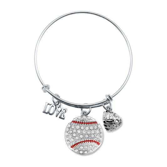 Silver Love Baseball Glove Charm Wire Bangle Bracelet