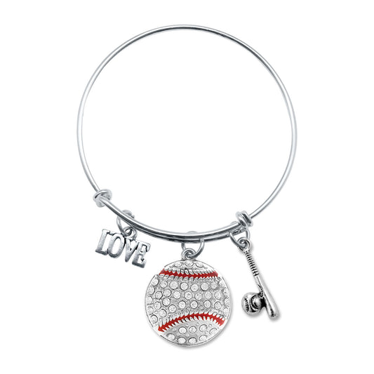 Silver Love Baseball Bat Charm Wire Bangle Bracelet
