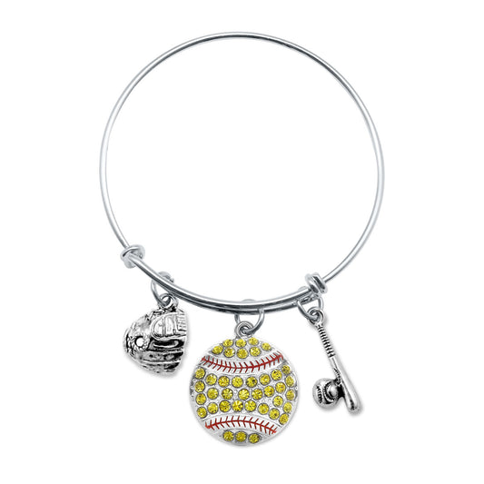Silver Love Softball Bat and Glove Charm Wire Bangle Bracelet