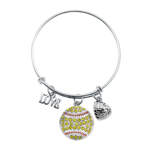 Silver Love Softball Glove Charm Wire Bangle Bracelet