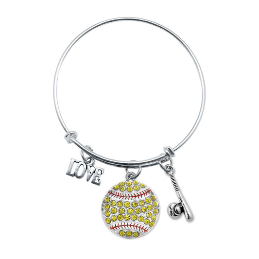 Silver Love Softball Bat Charm Wire Bangle Bracelet