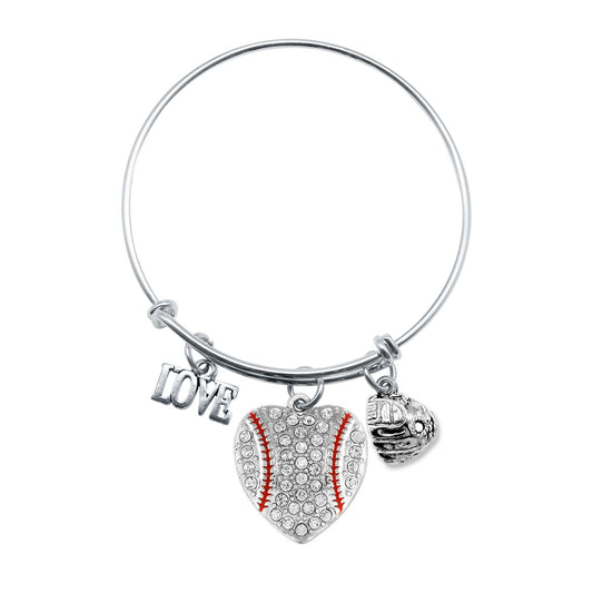 Silver Love Baseball Heart Glove Charm Wire Bangle Bracelet
