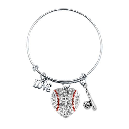 Silver Love Baseball Heart Bat Charm Wire Bangle Bracelet