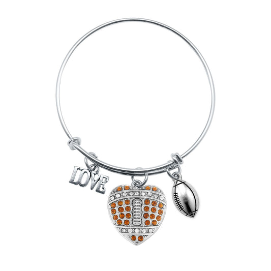 Silver Love Football Heart Charm Wire Bangle Bracelet