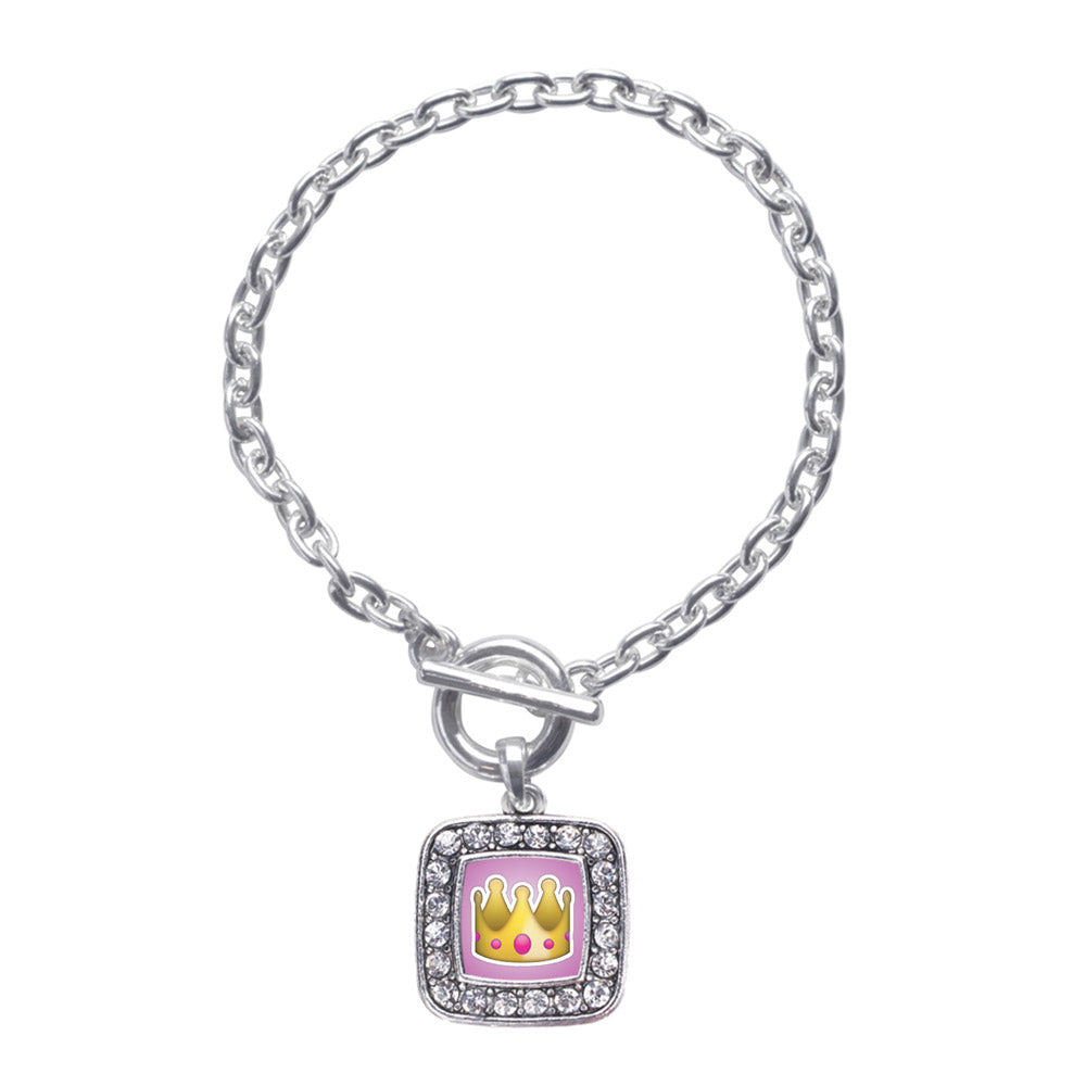Silver Crown Emoji Square Charm Toggle Bracelet