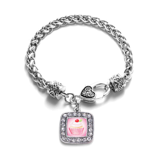 Silver Cupcake with a Cherry on Top Square Charm Braided Bracelet