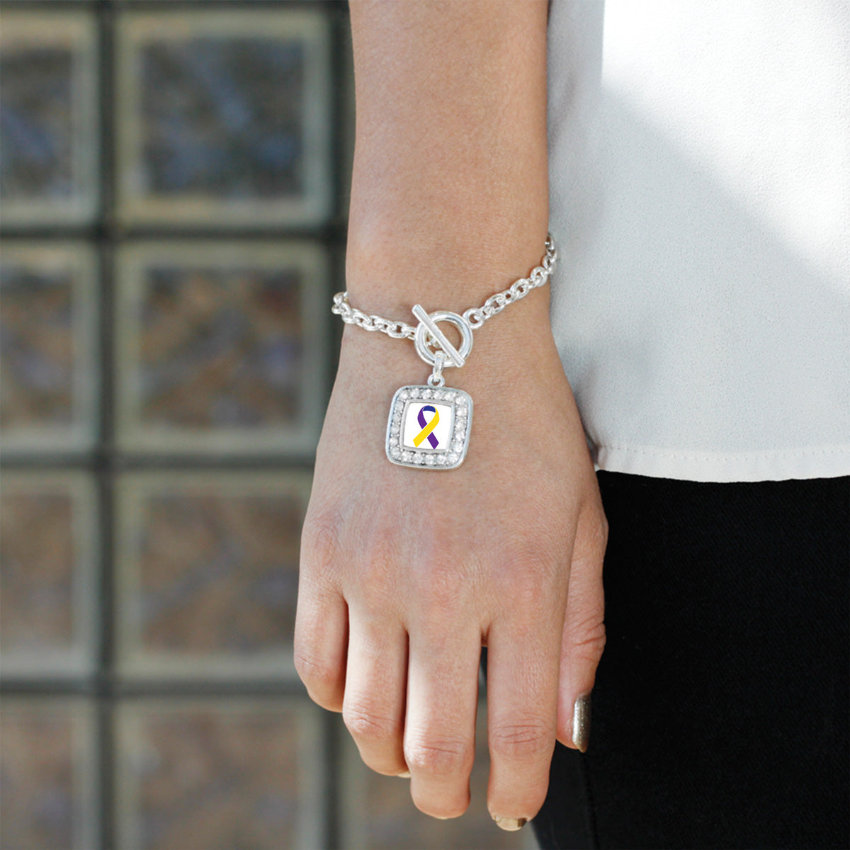 Silver Bladder Cancer Awareness Square Charm Toggle Bracelet