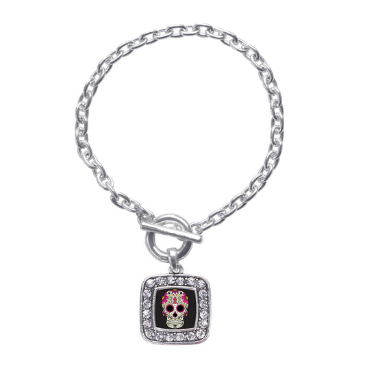 Silver Sugar Skull Square Charm Toggle Bracelet