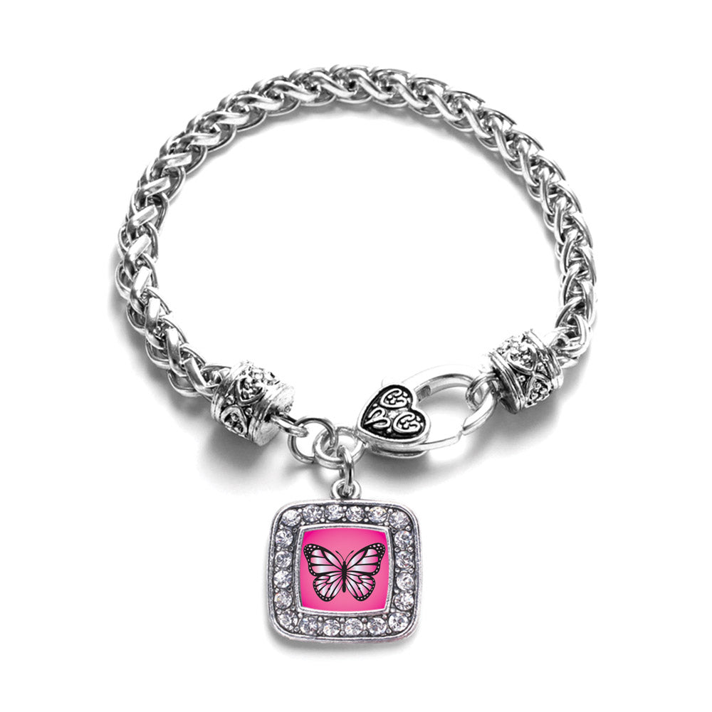 Silver Pink Butterfly Square Charm Braided Bracelet