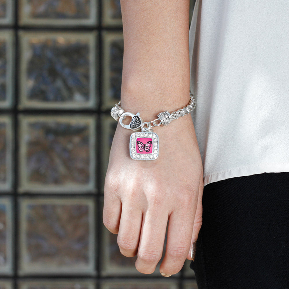 Silver Pink Butterfly Square Charm Braided Bracelet