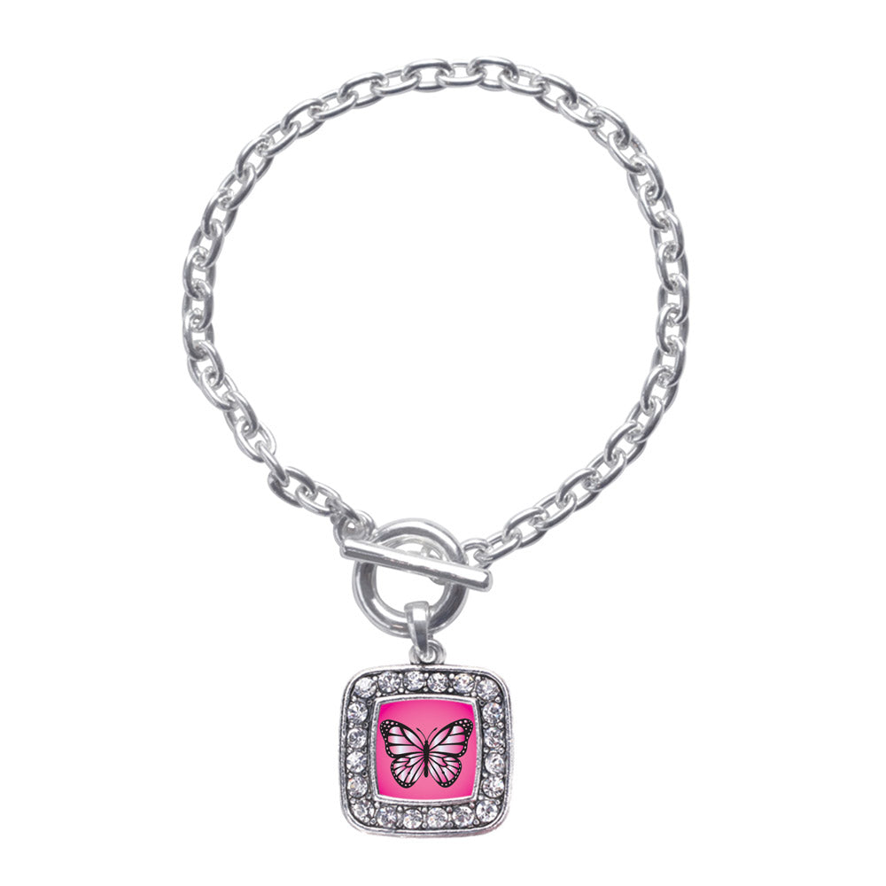 Silver Pink Butterfly Square Charm Toggle Bracelet