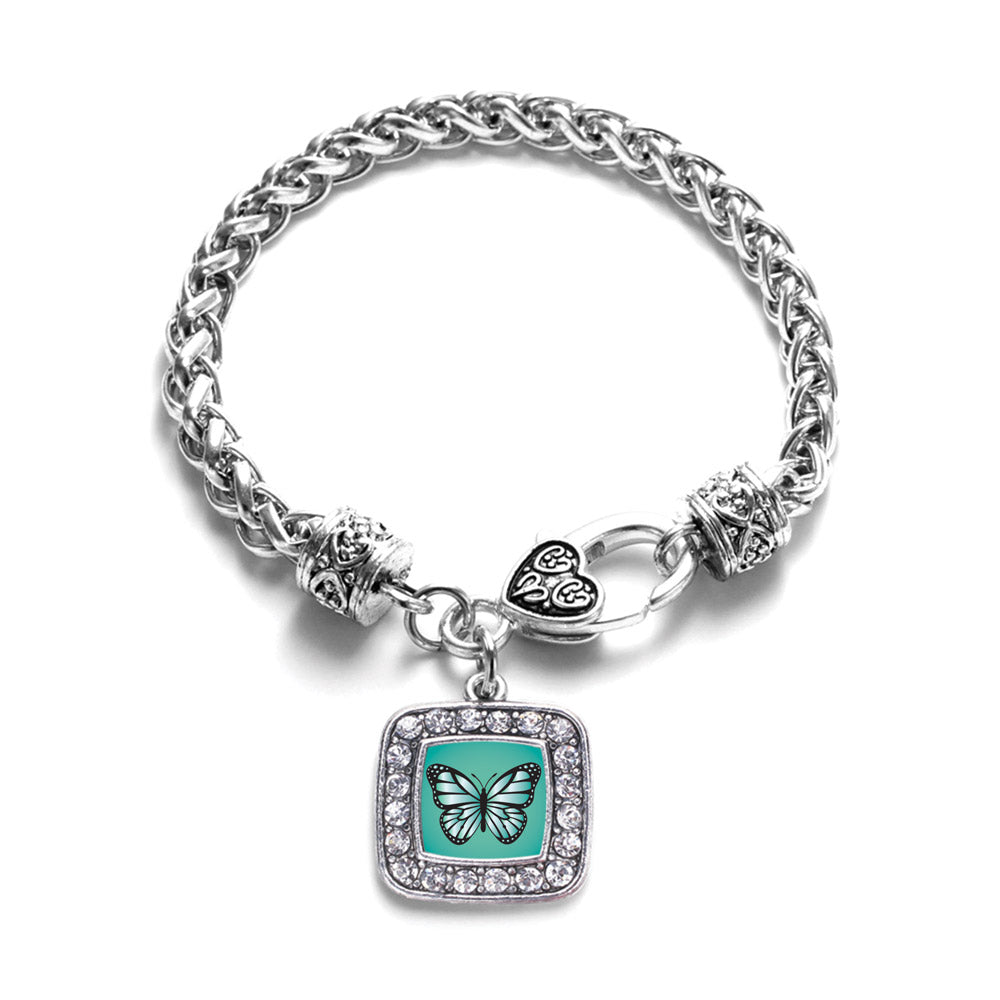 Silver Teal Butterfly Square Charm Braided Bracelet