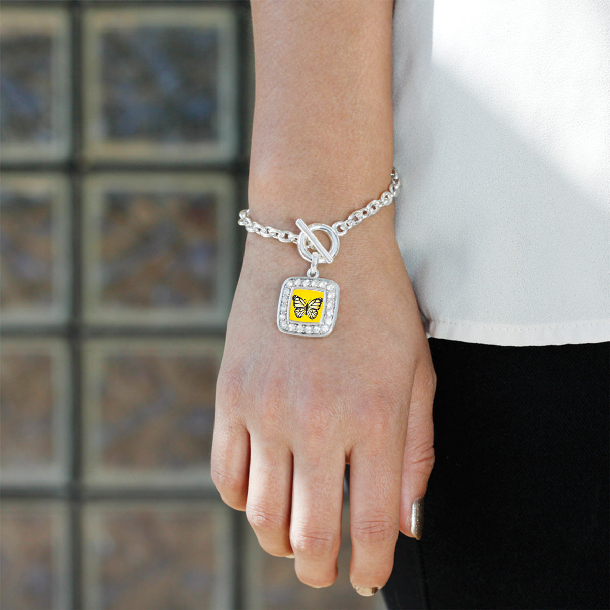 Silver Yellow Butterfly Square Charm Toggle Bracelet