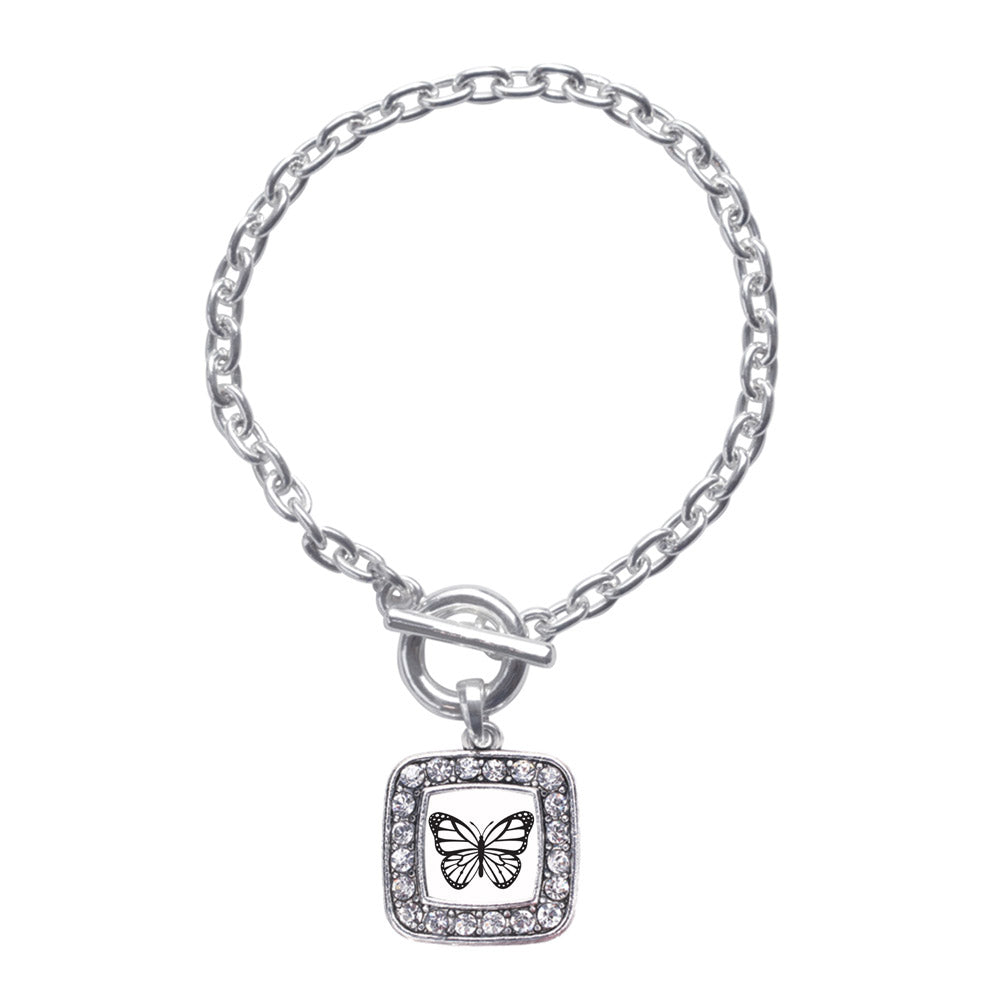 Silver White Butterfly Square Charm Toggle Bracelet