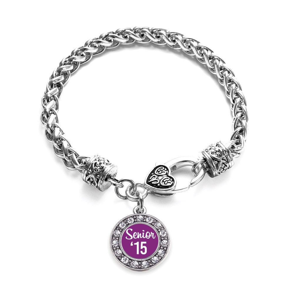 Silver Purple Senior '15 Circle Charm Braided Bracelet
