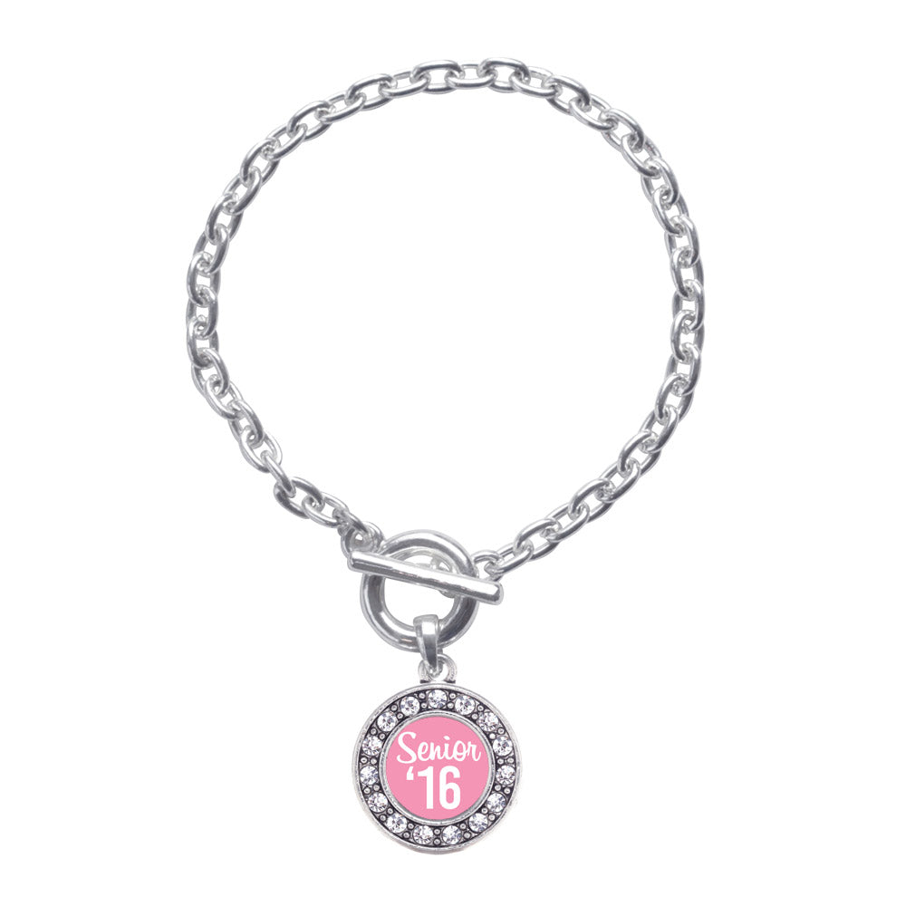 Silver Pink Senior '16 Circle Charm Toggle Bracelet