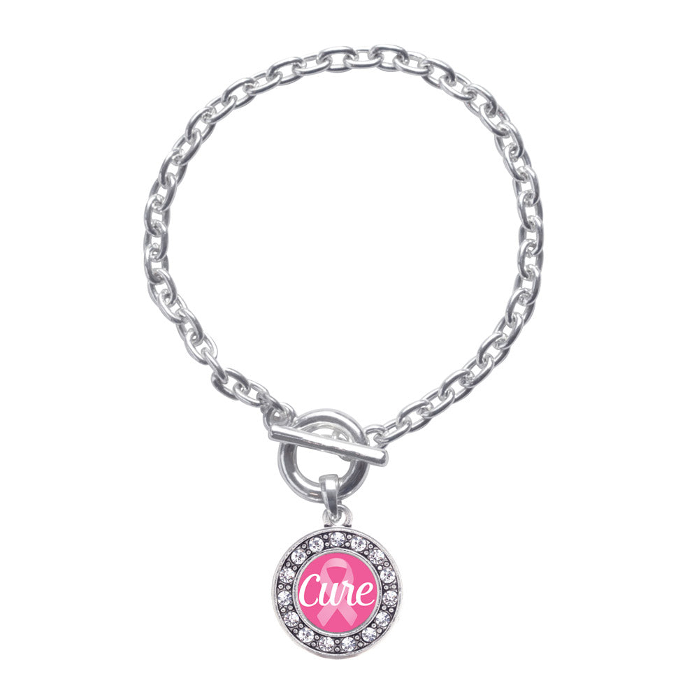 Silver Cure Ribbon Breast Cancer Awareness Circle Charm Toggle Bracelet