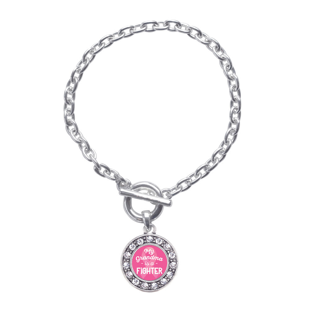 Silver My Grandma is a Fighter Breast Cancer Awareness Circle Charm Toggle Bracelet