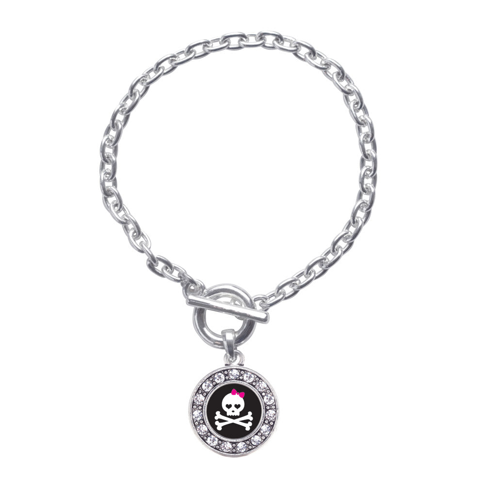 Silver Cute Skull And Crossbones Circle Charm Toggle Bracelet