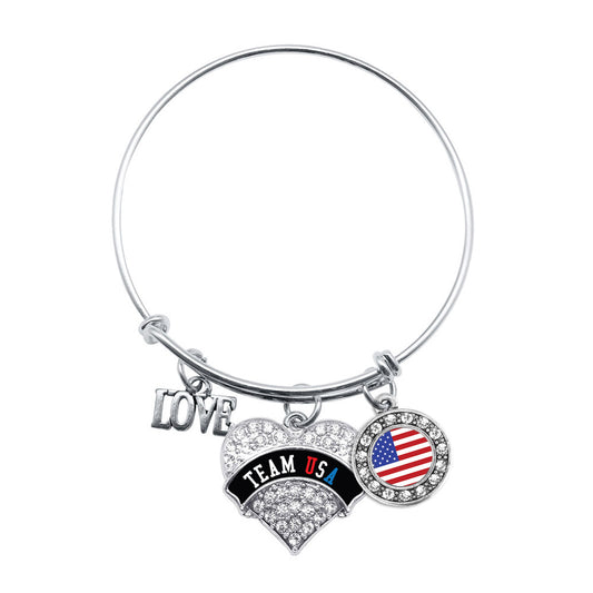 Silver Team USA - Black Banner Pave Heart Charm Wire Bangle Bracelet