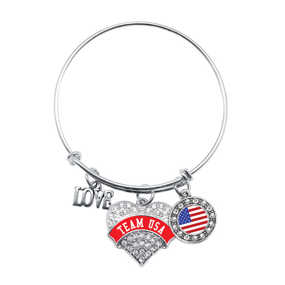 Silver Team USA - Red Banner Pave Heart Charm Wire Bangle Bracelet