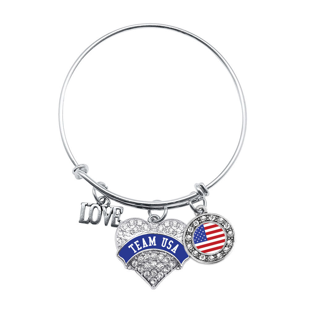 Silver Team USA - Blue Banner Pave Heart Charm Wire Bangle Bracelet