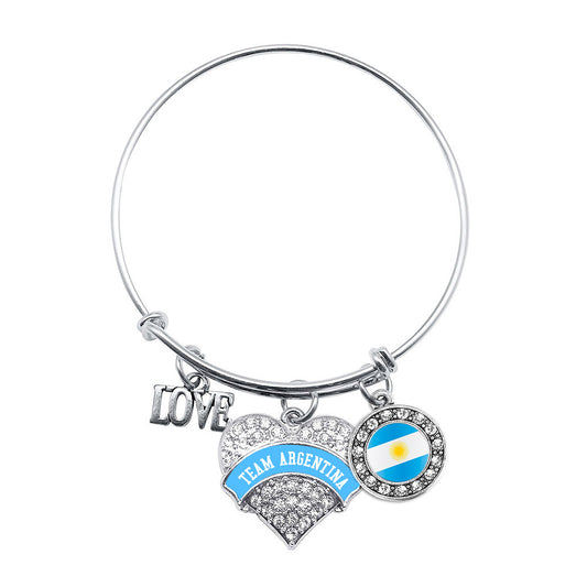 Silver Team Argentina Pave Heart Charm Wire Bangle Bracelet