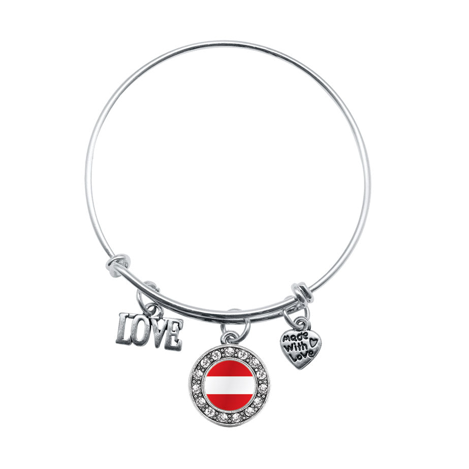 Silver Love Austria Flag Circle Charm Wire Bangle Bracelet