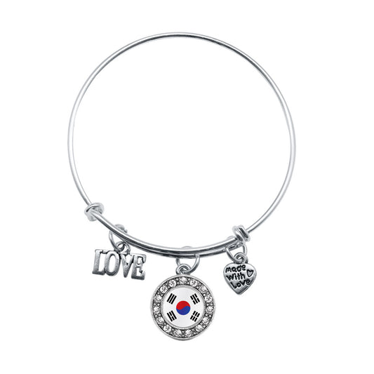 Silver Love Republic of Korea Flag Circle Charm Wire Bangle Bracelet