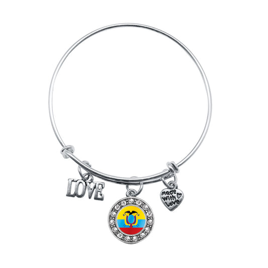 Silver Love Ecuador Flag Circle Charm Wire Bangle Bracelet