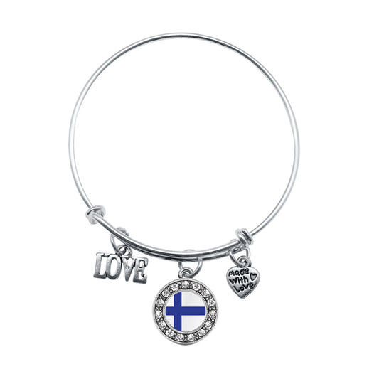 Silver Love Finland Flag Circle Charm Wire Bangle Bracelet